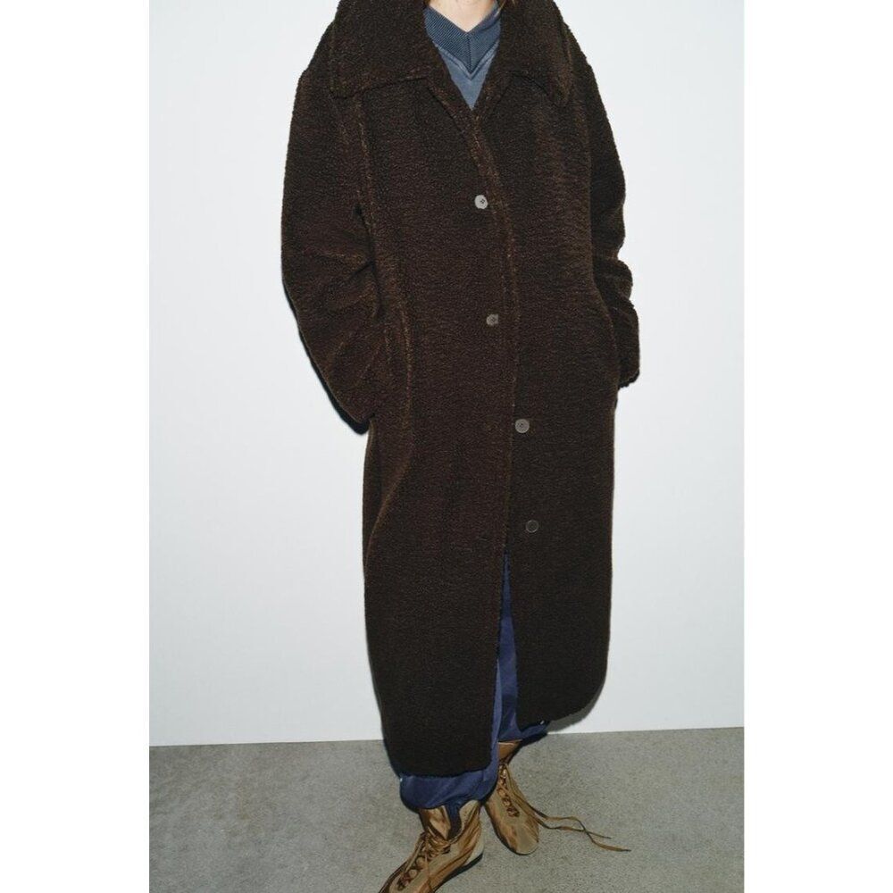 Zara Women Faux Shearling Coat XS Dark Brown Oversized Long Jacket 1255/730 NWOT
